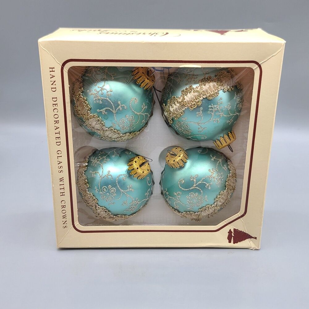 Krebs Green Teal Gold Glitter Lace Braid Vintage Glass Christmas Ornaments Lot 4